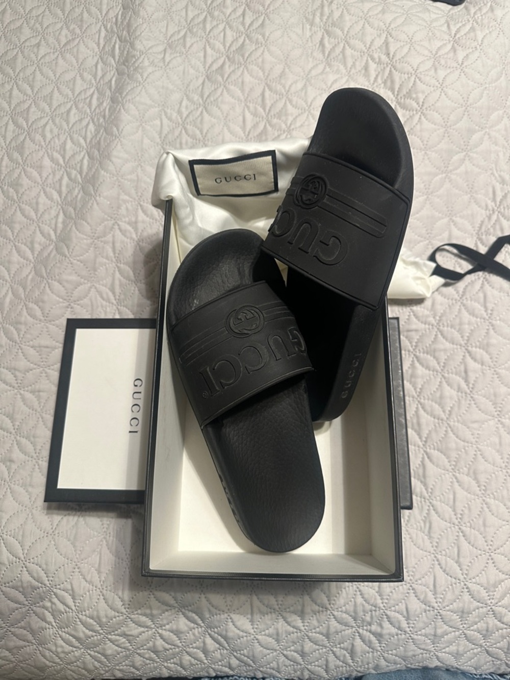 Gucci Black Embossed Logo Rubber Slide Sandals